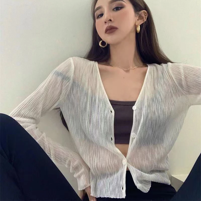 Korean Thin Sunscreen Cardigan Women See-Through Buttons Long-Sleeved Solid Shirt Summer Stripes Fashion Loose Casual Tops