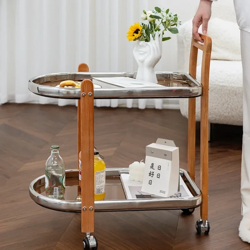 Online celebrity glass dining car with several movable storage racks beside the solid wood trolley.