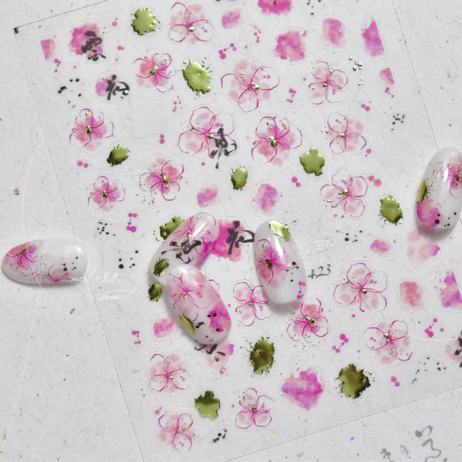 1pcs 5d rosa Tinte waschen Blume Nagel Aufkleber Lotusblume selbst klebende Abziehbilder drücken auf Nägel DIY Nail Art Dekorationen Zubehör