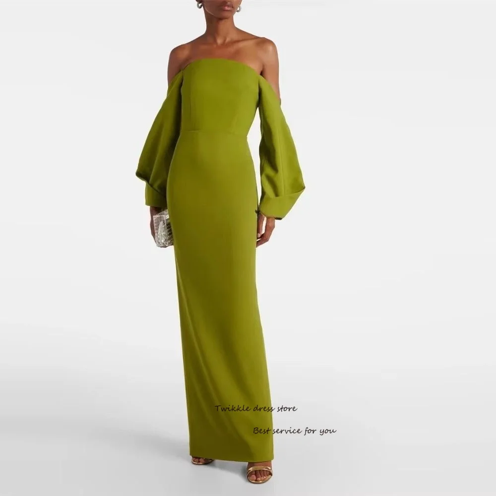 Olive Green Crepe Evening Dresses Strapless فساتين سهرة Long Sleeve Column Elastic Gala Party Dress For Women Customized