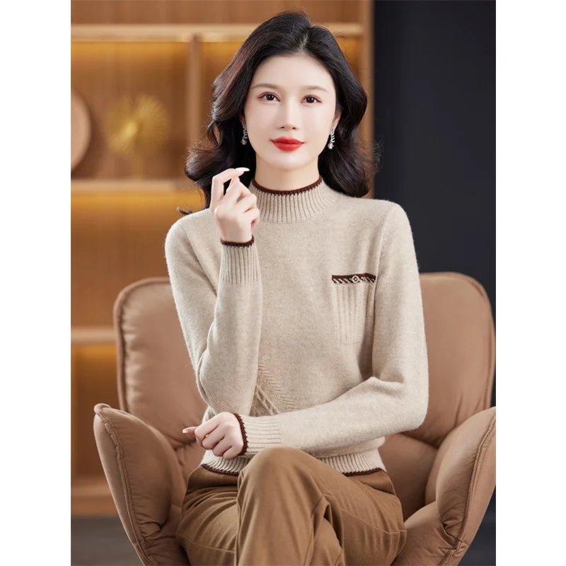 高級婦人ニットセーター ハーフハイカラー 長袖 クルーネック プルオーバー ベースレイヤーシャツ 広東省直販