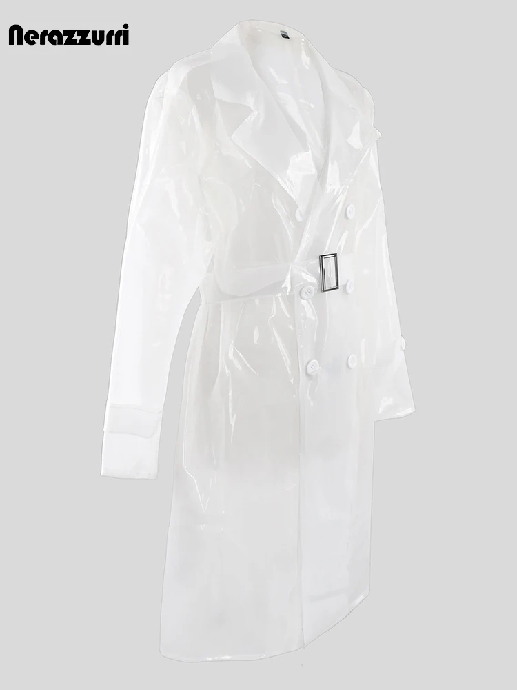 Nerazzurri Autumn Long Thin Transport Waterproof White PVC Leather Trench Coat for Women Belt Double Breasted Luxury Clothes