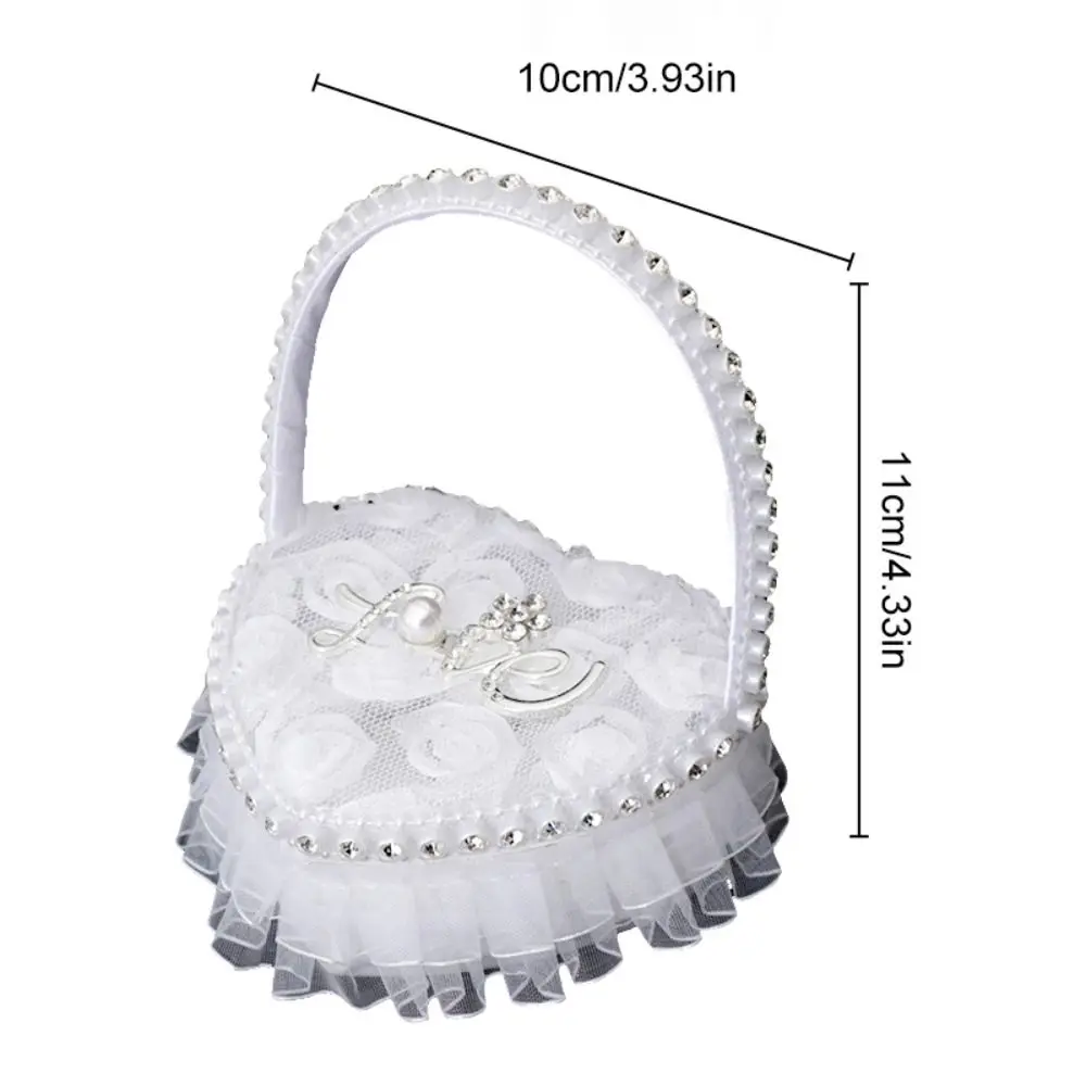 White Lace Heart-shaped Ring Box Bow-knot Satin Material Lace Ring Box Mini with Handle Ring Pillows Case Wedding Ceremony Use view 4