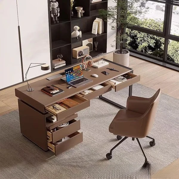 

Solid wood desk Italian minimalist study home saddle leather desk