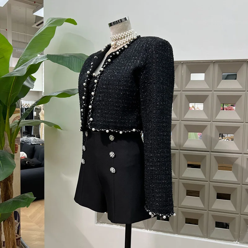 KBQ Solid Three Piece Sets for Women Round Collar Long Sleeve Coats Sexy Vest High Waist Spliced Button Shorts Luxury Set Female