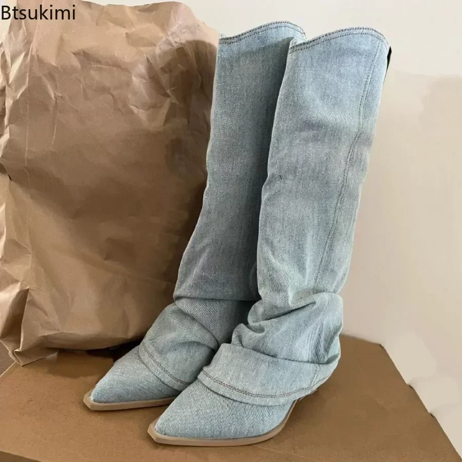 2024 Women's Denim Jeans Long Boots Pointed Toe Vintage Long Boots Female Autumn Winter Girls Knee-High Club Party Long Boots