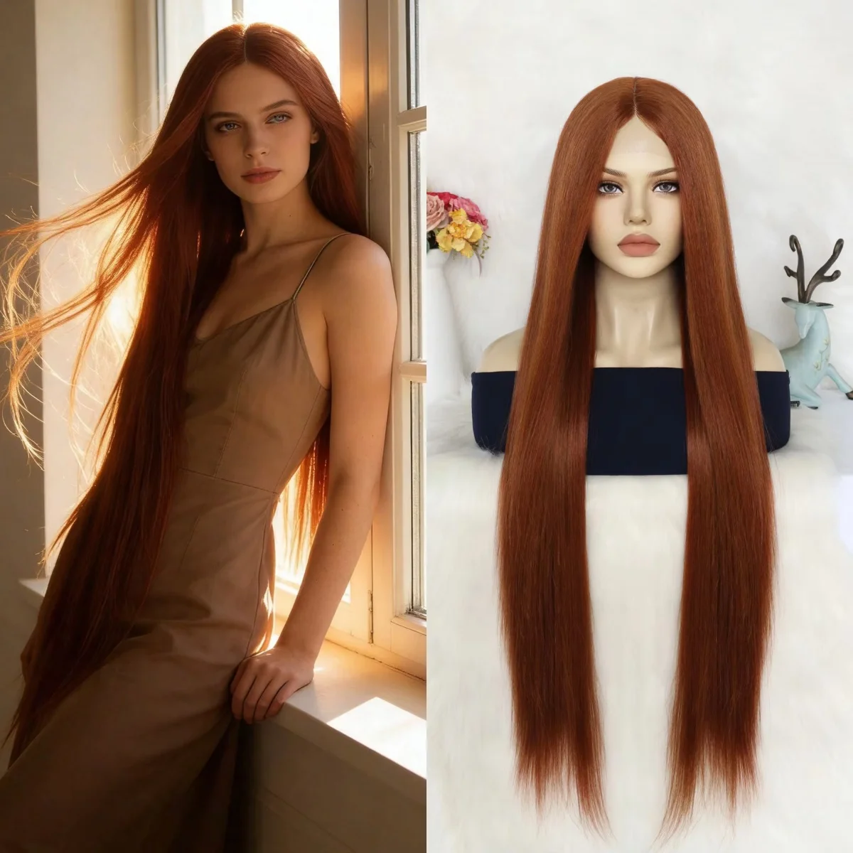 

13x4 Lace Front Wig Red Brown Heat Resistant Synthetic Extra Long Straight Wig Pre Plucked Natural Hairline for Women