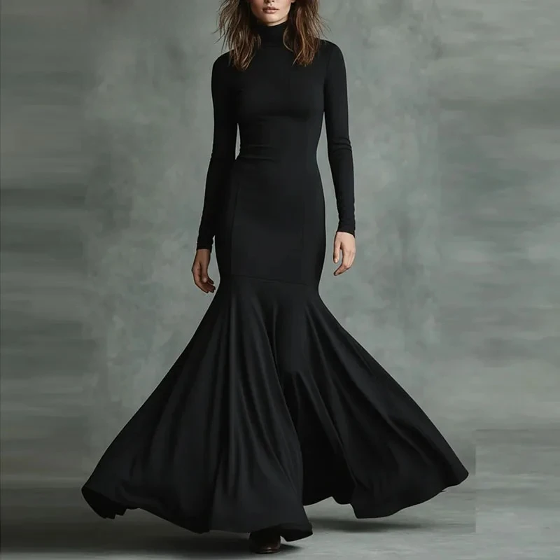 فستان حورية البحر ضيق بياقة مدورة موضة ربيع 2026 أنيق متين عالي الخصر فستان ضيق للخريف بأكمام طويلة فستان ماكسي بوهو