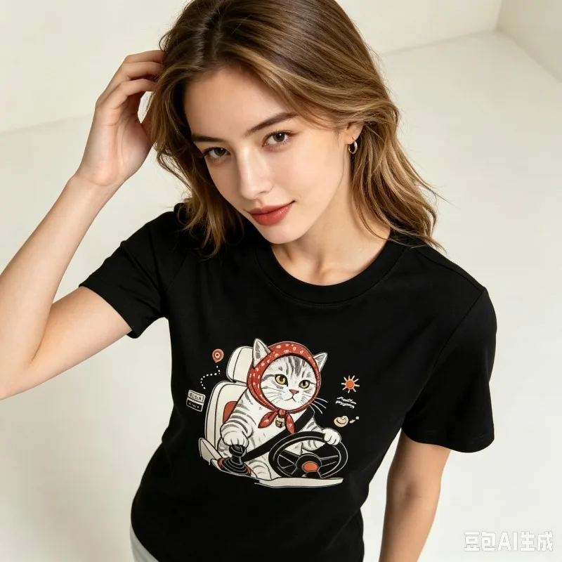Cute Cartoon Cat Driving Print Women T-Shirt 100% Cotton Regular Fit Round Neck Short Sleeve Funny Casual Tee Daily Streetwear