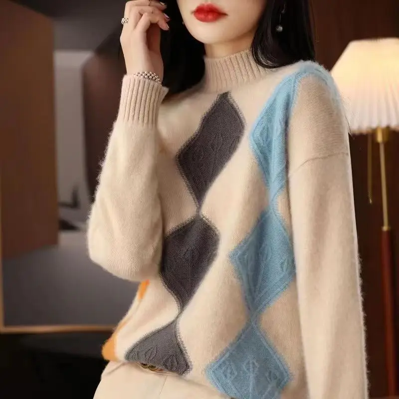 2023 New Autumn and Winter Fashion Half High Collar Color Matching Slim Knitting Temperament Commuter Women\'s Casual Sweater