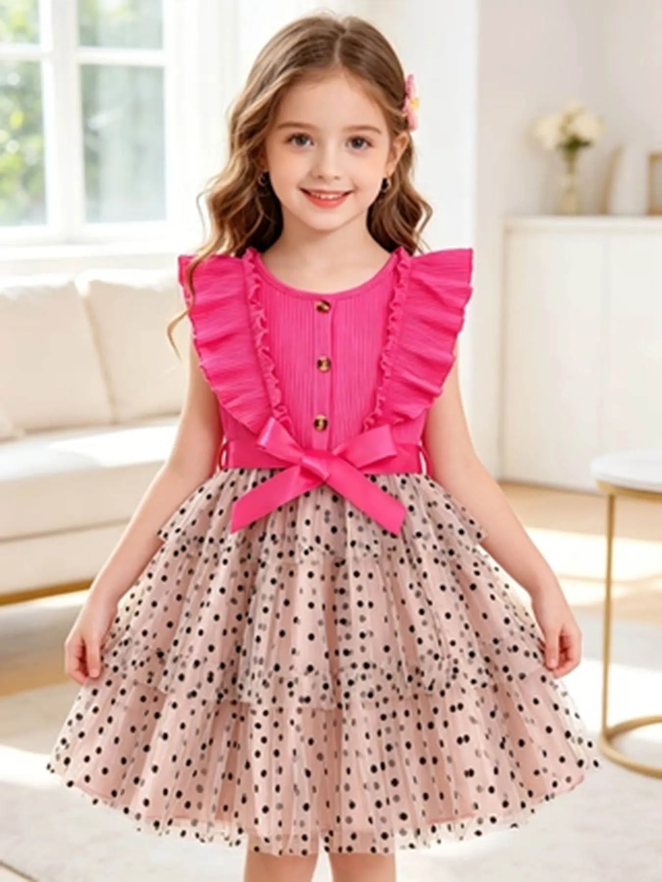 Sleeveless Polka‑dot Tulle Princess Dress for Girls, Ruffled Large Bow Decoration, Tiered Cake Dress, Summer Formal Dress for Li