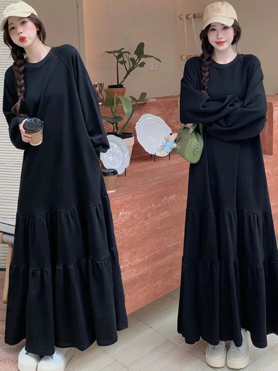 plus Size Fleece Lined Knee Length Dress Conceals Belly Patchwork Autumn Winter New Style Slimming Effect for plus Size Women