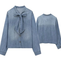 Maxdutti Minimalist Women's Blouse Bow Denim Shirt Fashionable And Elegant Casual Commuting Long Sleeved Shirt Pull Tops