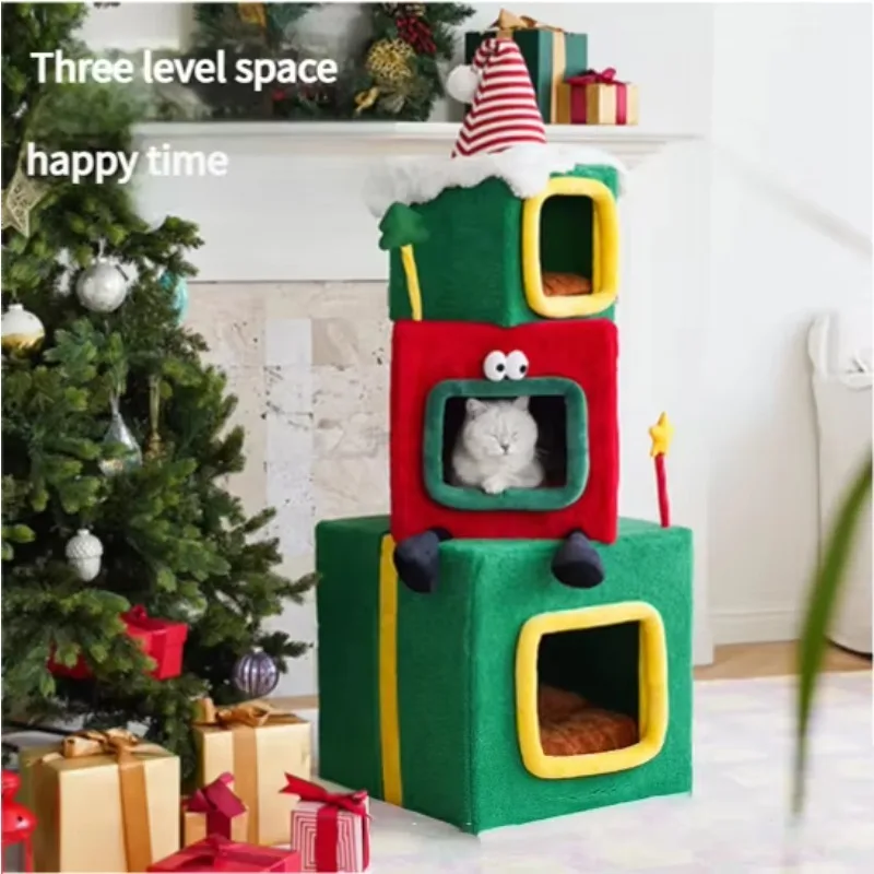 Integrated Cat Nest and Jumping Platform Non-Occupying Climbing Frame with Animal Pattern Christmas Gift for Cats