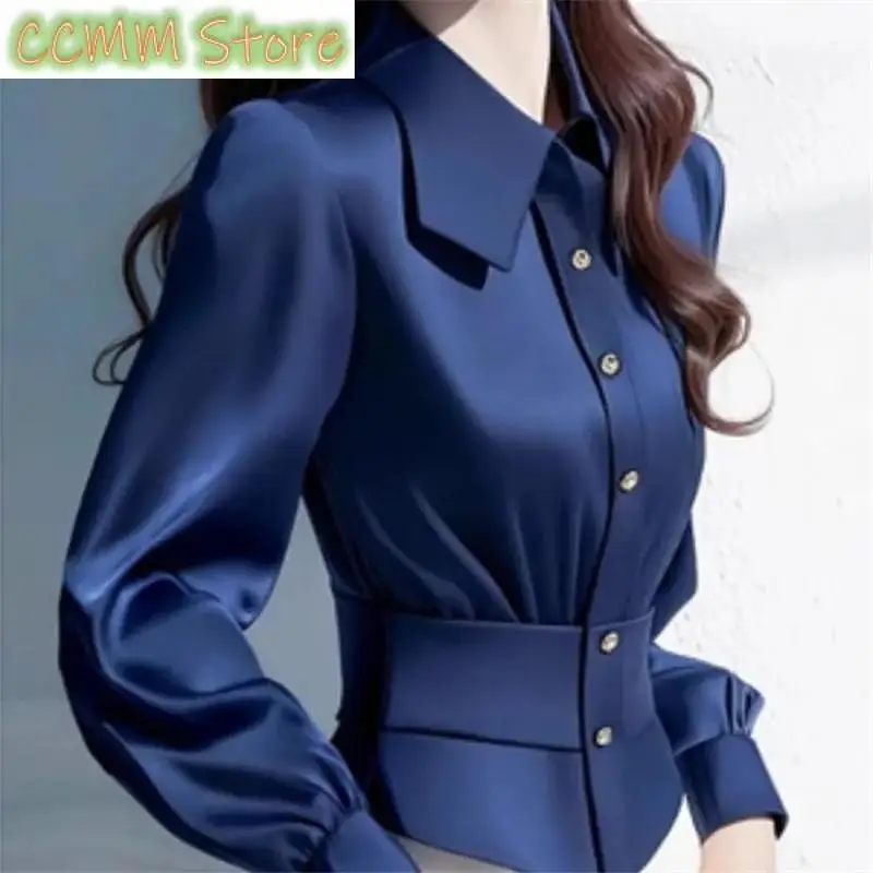 Ln The Spring The New Women's Satin Shirt Young The Female Style Unique Beautiful The Short Cardigan Top Beautiful Blouse
