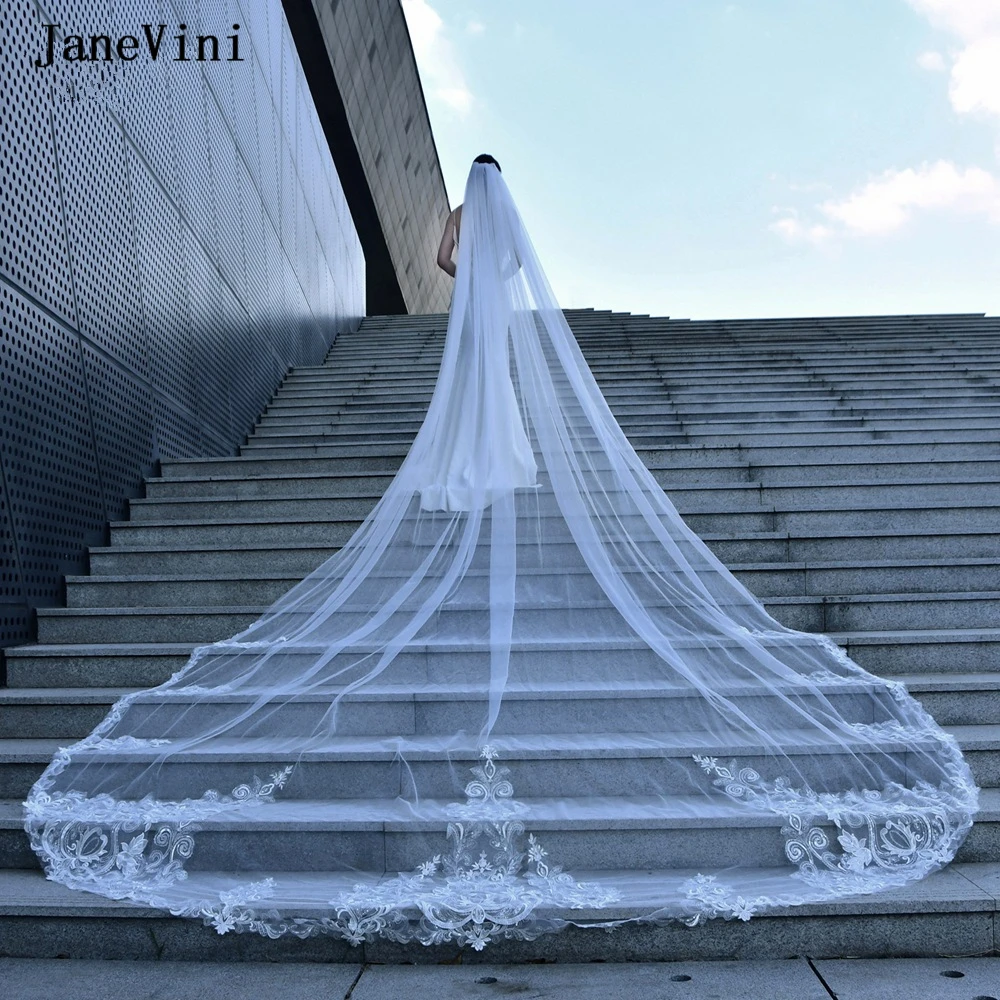 

JaneVini Luxury White/Ivory Cathedral Length Lace Appliques Edge Sequined Wedding Veils with Metal Comb Long Bridal Veil Mariage