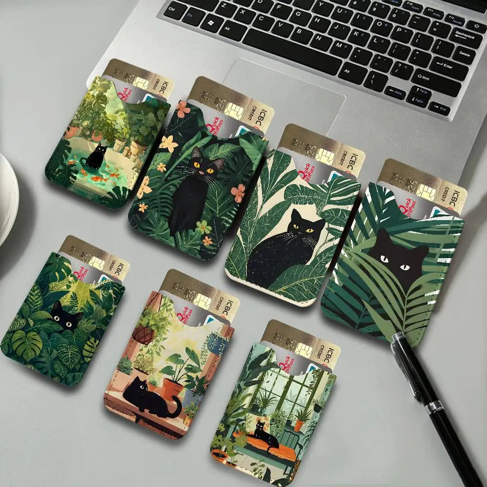 Abstract Green Plants Black Cat Light and thin mini bag small and portable bus card protective leather case for men and women