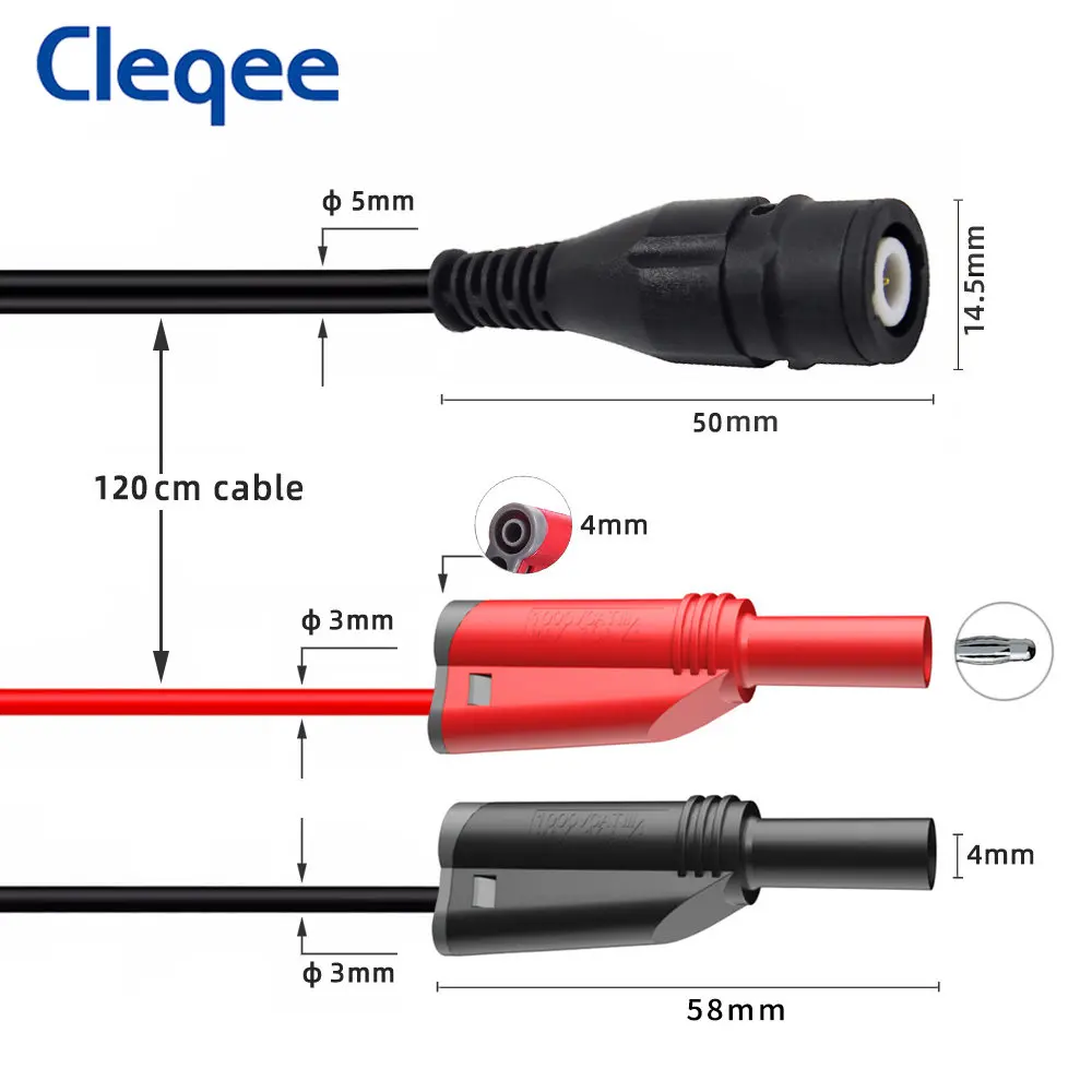 Cleqee P1204 Safety BNC Male Plug to Dual 4mm Stackable Banana Plug RG58 Coaxial Cable Oscilloscope Test Lead 120CM