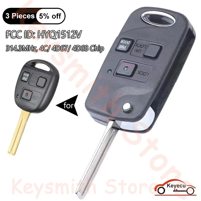 KEYECU 3 Buttons 314MHz 4C 4D67 4D68 Chip for Lexus ES300 GS300 GS400 IS300 1998-2005 Auto Flip Remote Control Key Fob HYQ1512V