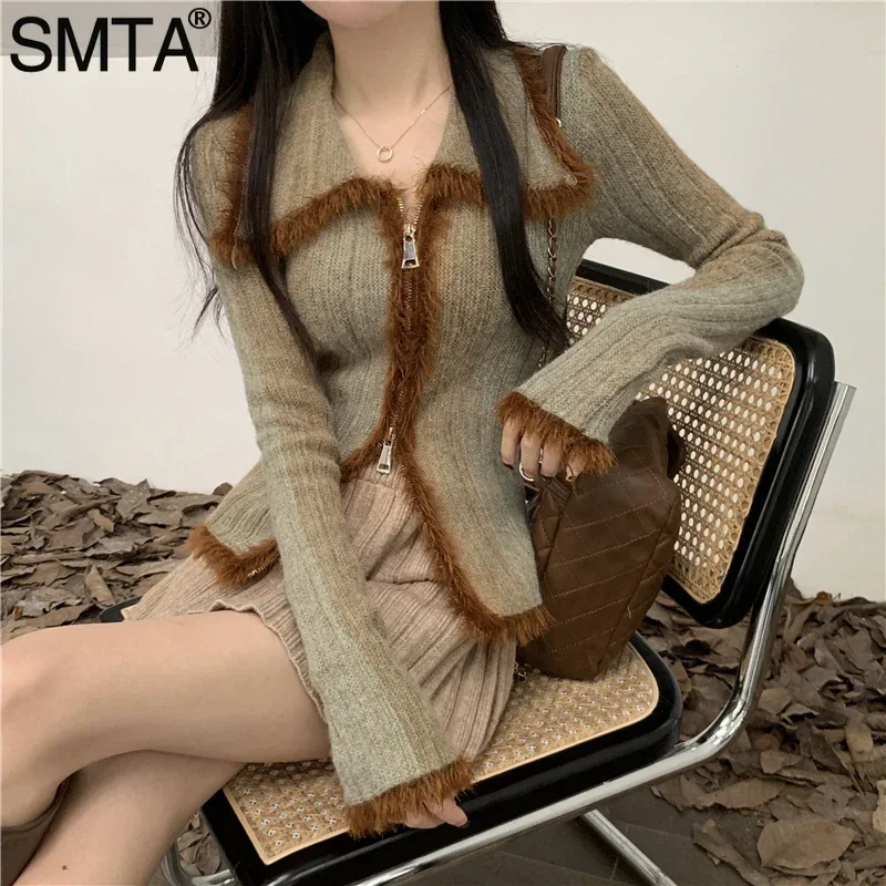 SMTA Vintage Gradient Polo Zipper Cardigan Women Autumn Winter 2024 Long Sleeve Cashmere Sweater Knitted Top Outwear Jumpers