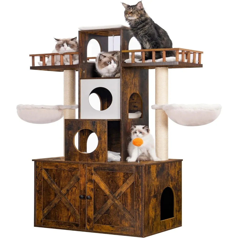 

Rustic Brown Scratching Post Large Cats Accessories Cat Tree With Litter Box Enclosure for Indoor Big Cat Scraper Things Carrier