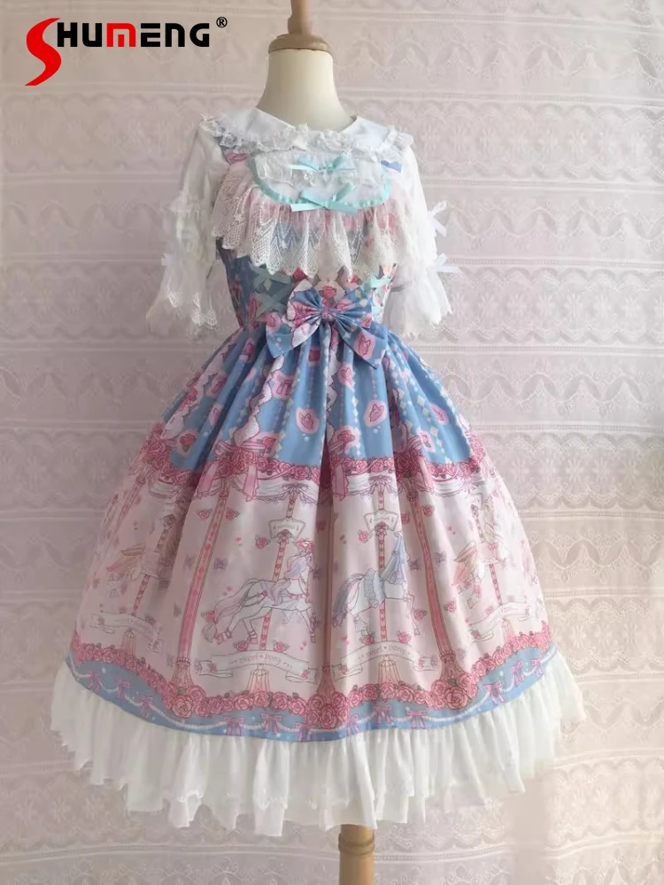 

French Elegant Princess Style Lolita Sling Dress JSK Women's High Waist Slim Cute Bow Print Y2K Retro Dress Cla Tea Party Dress
