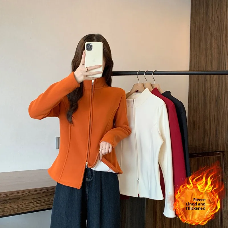 

Faionable Thiened Fce Lined Double Zipper Slim Fit Outerwear Top for plus Size Women Winter 2025 Casual Elegance