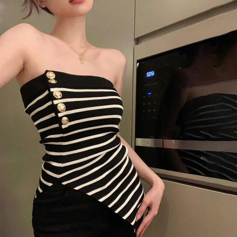 Women Tube Top Split Slim Sexy Knitted Sleeveless Tank Tops Stripe Spring Summer All-Match Contrast Color Stripe  Casual