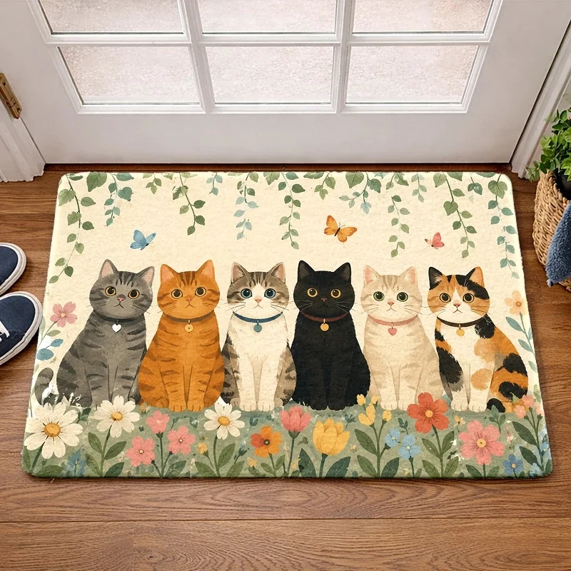 Black Cats Back Floor Mat Cute Heart Shaped Tail Welcome Mats Non Slip Entrance Rug Ground Carpet Bedroom Front Door Home Office