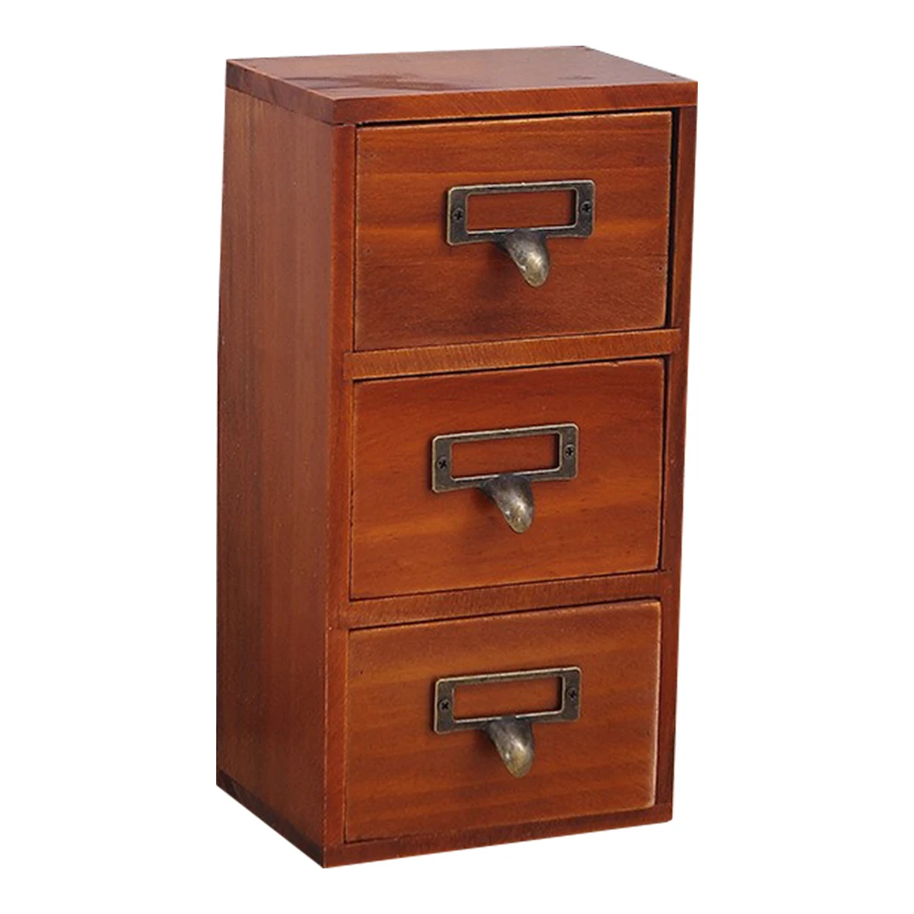 Wooden 3-Compartment Drawer Storage Box Retro Mini Cabinet Desk Organizer Vanity Tidy Long Lasting Practical Premium