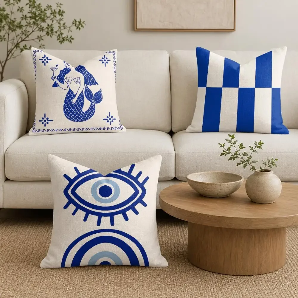 Blue Coastal Nautical Mediterranean Cushion Cover Natural Linen Fabric Double-Sided Printing Sofa Home Decor Gift Pillow Cover
