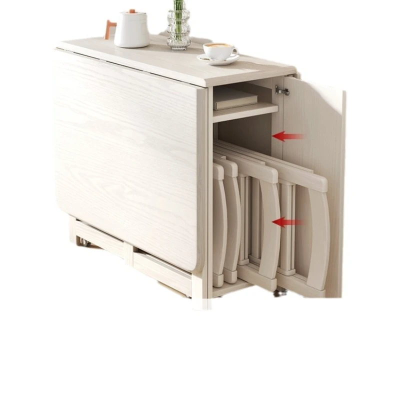 Solid wood folding dining table side cabinet removable wind fully retractable dining table French integrated cream small