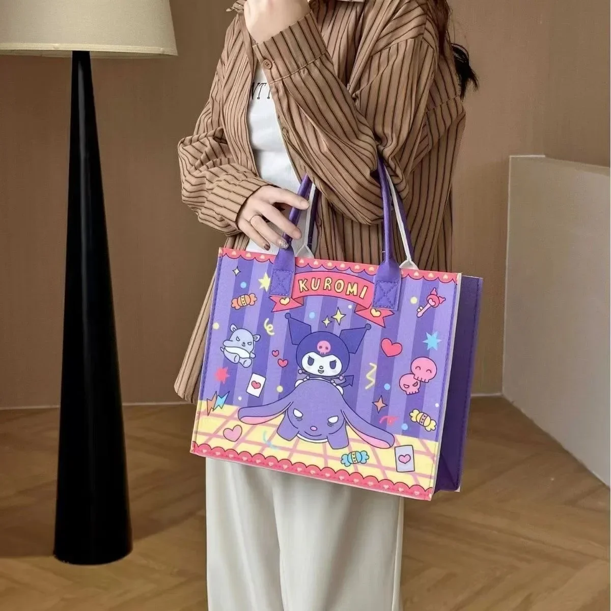 Kuromi Tote Bag Miniso Handbag Portable Large Capacity My Melody Travel Makeup Storage Shoulder Bag