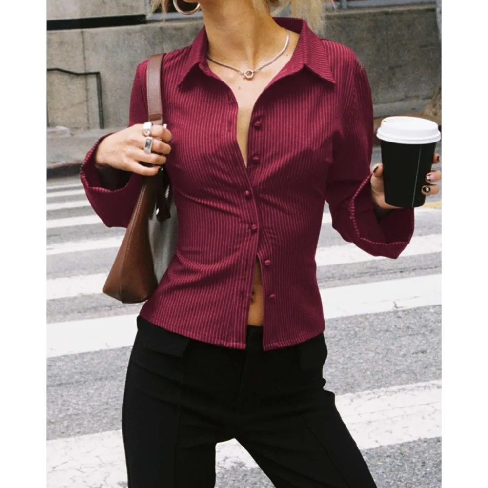 Lente Herfst Nieuwe Revers Single-breasted Vest Lange mouwen Vrouwen Mode Gestreepte Afslanken Veelzijdige Kantoor Vrouw Shirt