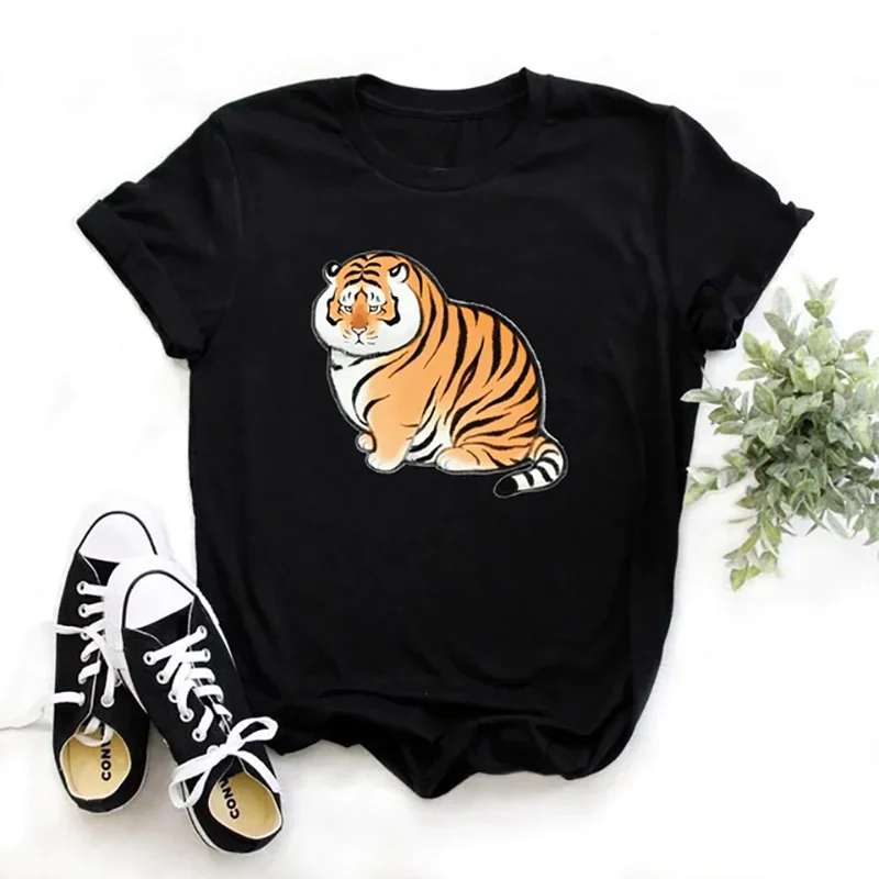 Summer New 90 ’s Fat tiger Heartbeat Short Sleeve Print Clothing Women's T-Shirt Harajuku Graphic Clothing Women's Top,Drop Ship