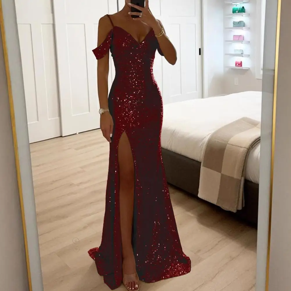 Damen Pailletten-Trägerkleid Schulterfreies V-Ausschnitt Abendkleid mit Seitenschlitz Bodenlange Pailletten-Ballrobe Bankett-Maxikleid 80%