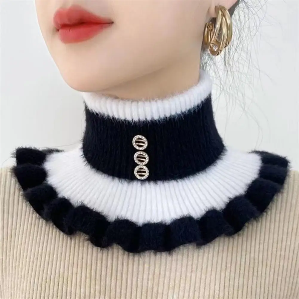 Women Winter Scarf Fake High Collar Ruffle Rhinestone Decor Neckwear Knitted Warm Neck Protection Decorative Neck Warmer