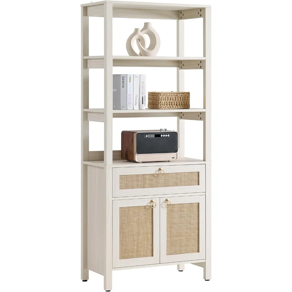 Tall White Bookshelf with Drawers and Doors, Rattan Storage Shelf with Gold Handles, 3-Tier Display Stand