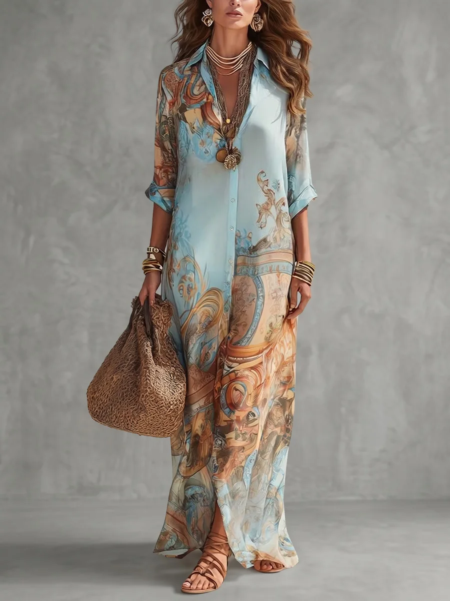 

Freeacy Women's Vintage Baroque Print Shirt Maxi Dress Lapel Three Quarter Sleeve Side Split Loose Bohemian Long Beach Dress