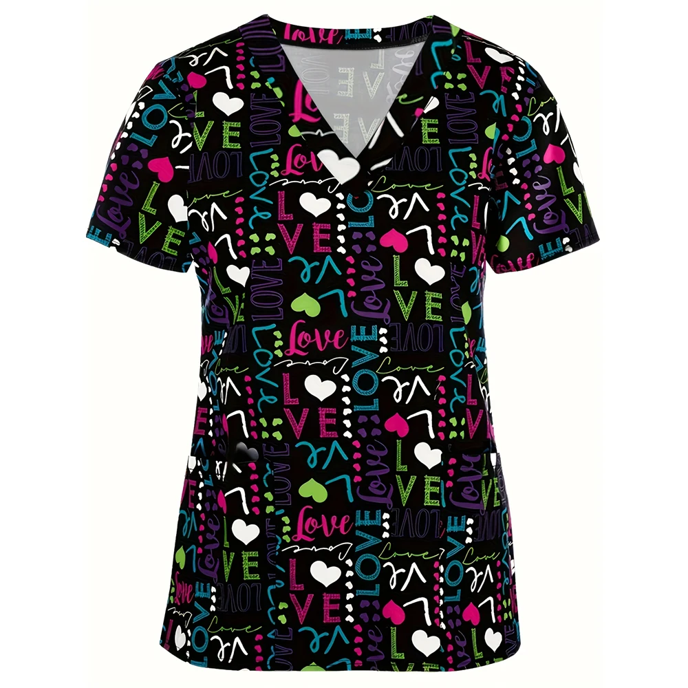 Surgical Uniforms Woman Funny Cartoon Prints Dental Nurse Tops Fashionable V-Neck Short-Sleeve Micro-Stretch Nurse Uniform Woman
