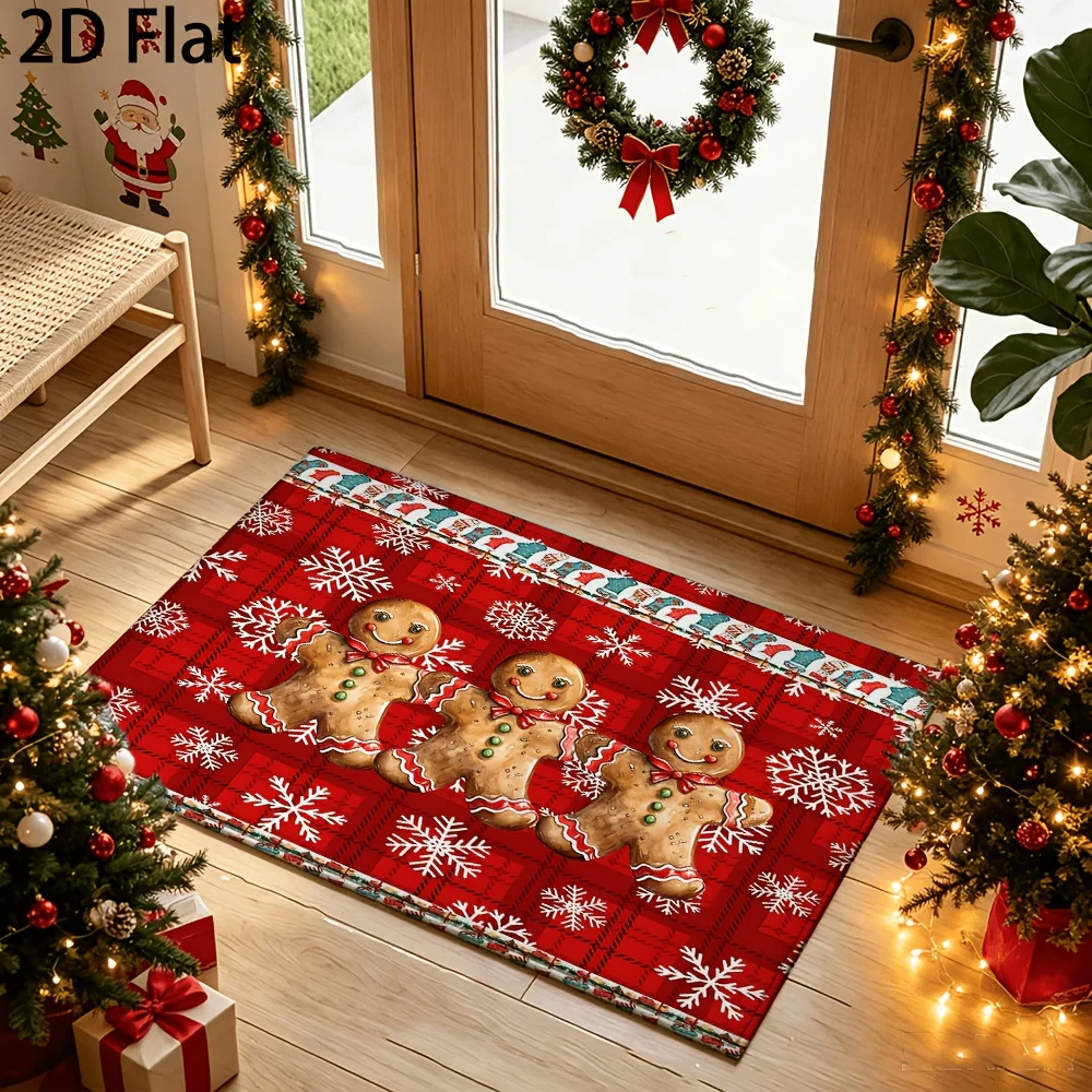 Retro Christmas Non‑Slip Doormat, Plaid Tree Snowflake Welcome Rug, Entry Floor Mat for Indoor Outdoor Front Porch Decoration