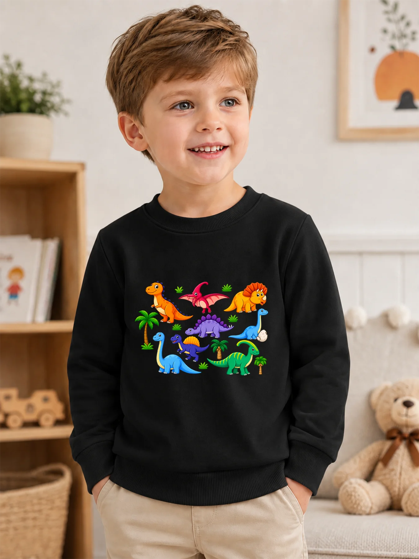 Boys Cartoon Dinosaur Print Sweatshirt Kids 100% Cotton Crew Neck Pullover Autumn Long Sleeve Tops Cute Dino Graphic Tops