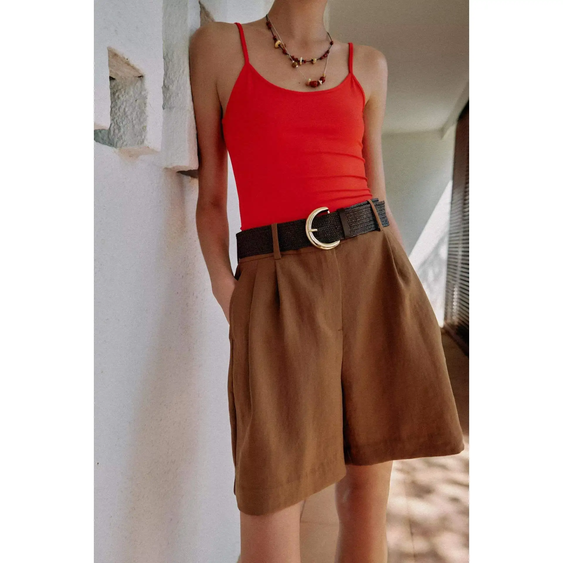 Casual ZR Wind Women's Short Pants with Belt Pleated Versatile Commuter Style Polyester Fiber Straight Leg mid Waist