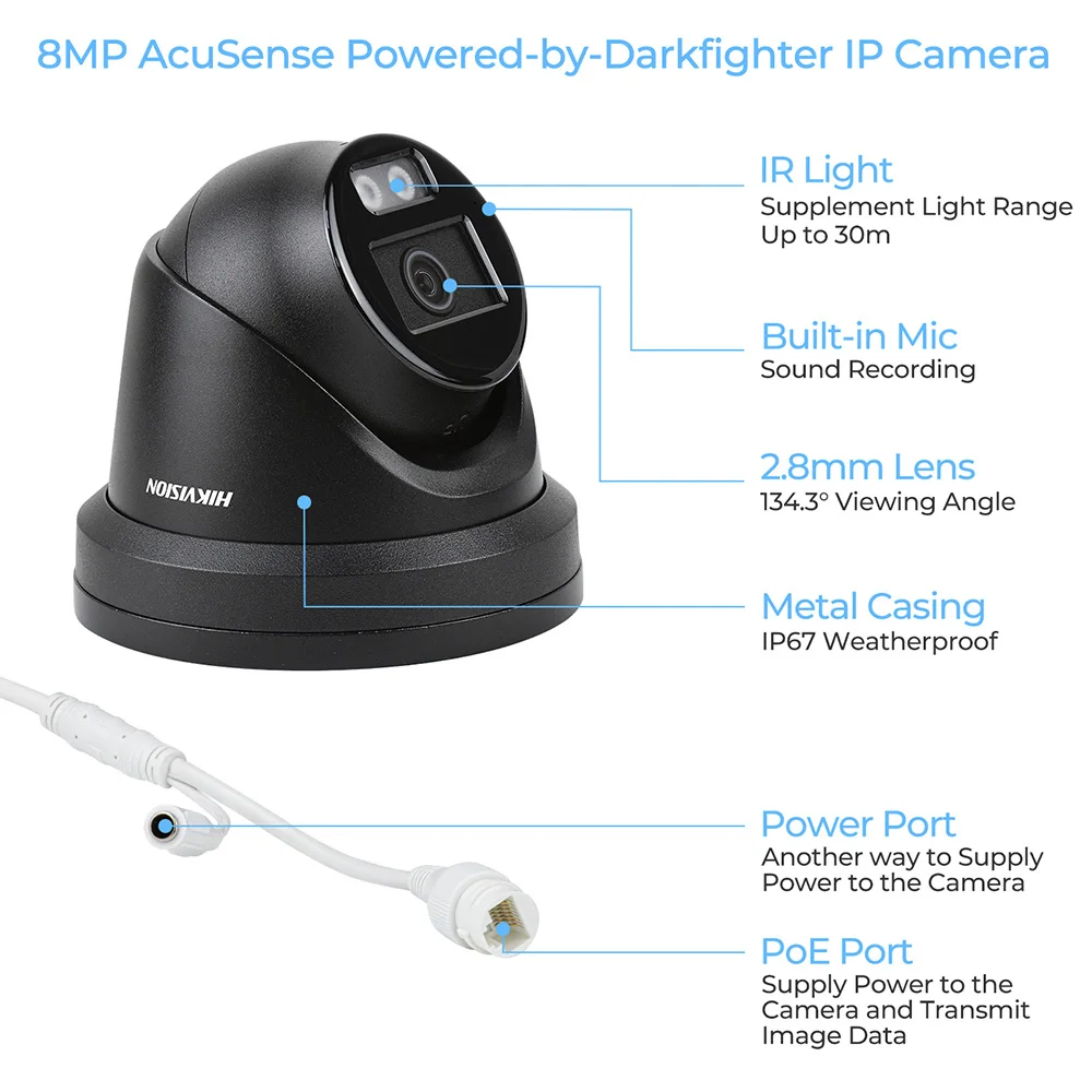 Hikvision AcuSense DarkFighter IP Camera DS-2CD2346G2H-IU 4MP Turret Network Camera Built-in MIC H265+ 120dB WDR Black White