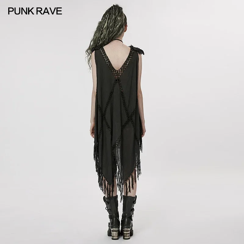 PUNK RAVE Women\'s New Gothic Large V-neck Witch Woven Dress Punk Hollow Personality Loose Tassels Hem Dresses Summer Streetwear