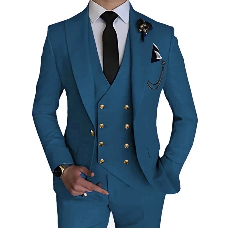 2023 Fashion Men Leisure Boutique Single Buckle Slim Fit Dress Wedding Suit 3 Piece Set Blazers Jacket Vest Pants Trousers Coat