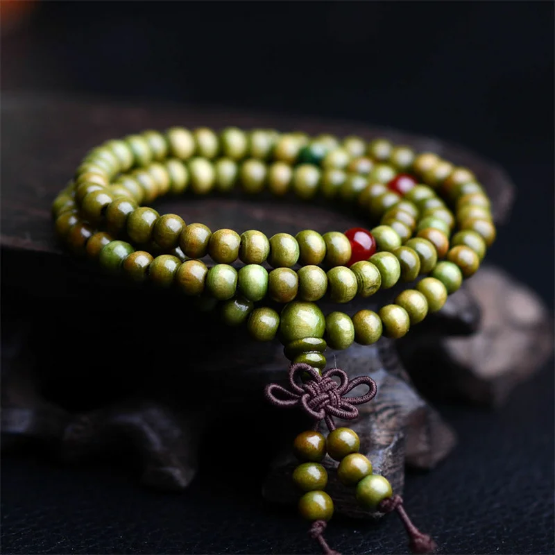 Natural Chinese Sandalwood 108 Prayer Beads Mala Bracelet Necklace 6mm Buddhist Buddha Rosary Elastic Wrist Jewelry Luck Amulet