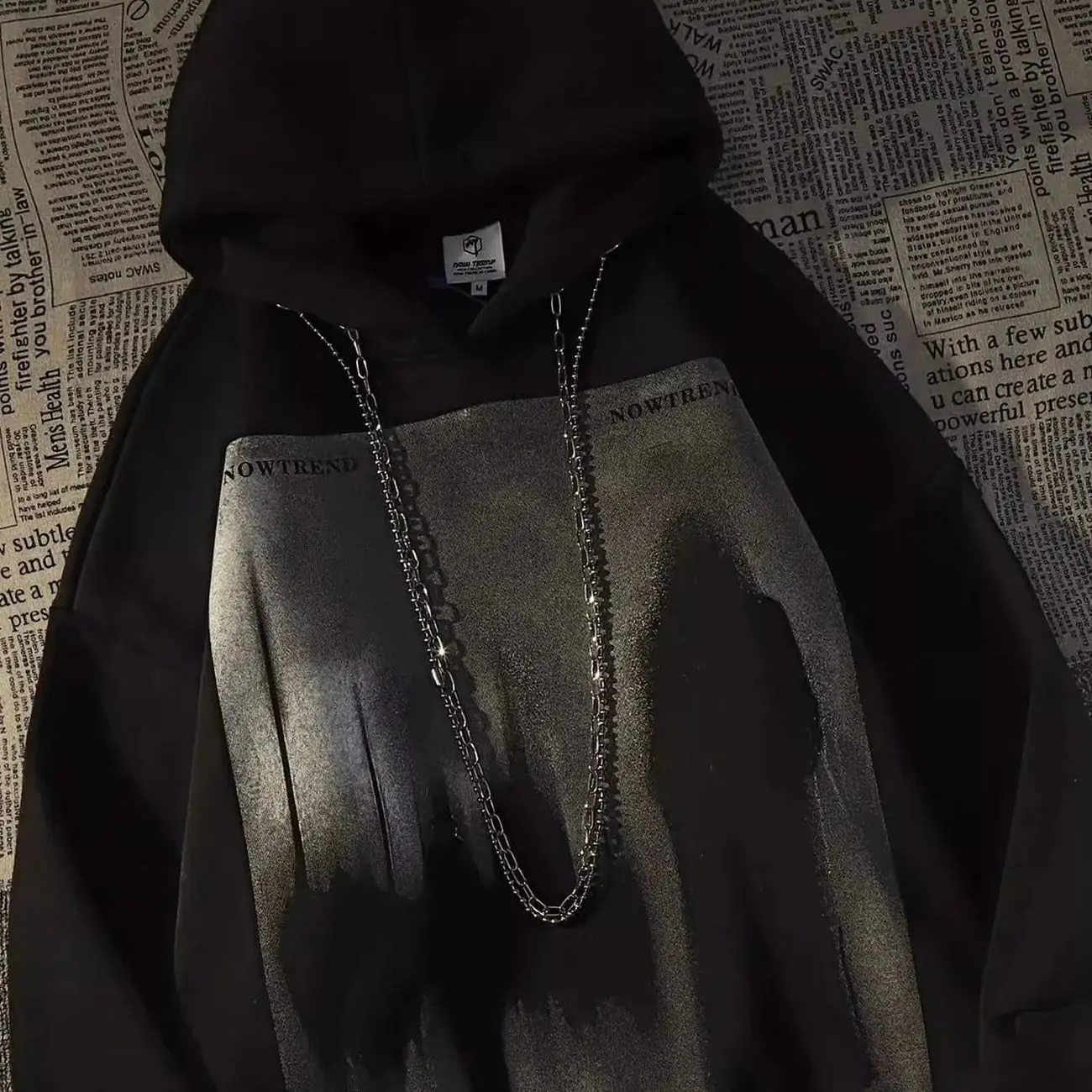 American High Street Punk Sle Hoodie Chain Embellied Fce Lined Thiened k Street Sle Top for Autumn