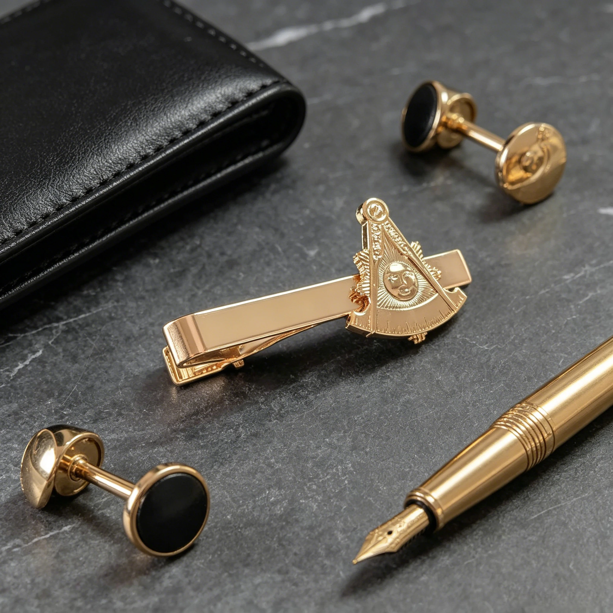 Men Freemason Past Master Sun Moon Square Compass G Templar Cross OES Eastern Star Gold Plated Enamel Tie Clips