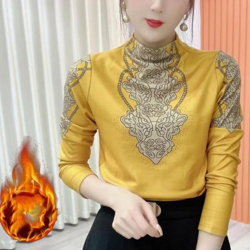 Women's 2023 Autumn and Winter Pullover Long Sleeve T-shirt All-match Fashion Printed Diamonds Half High Neck Slim Underlay Tops